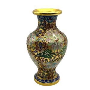 Chinese Champleve Cloisonné Vase Miniature Gold Blue Green Vintage Maximalist